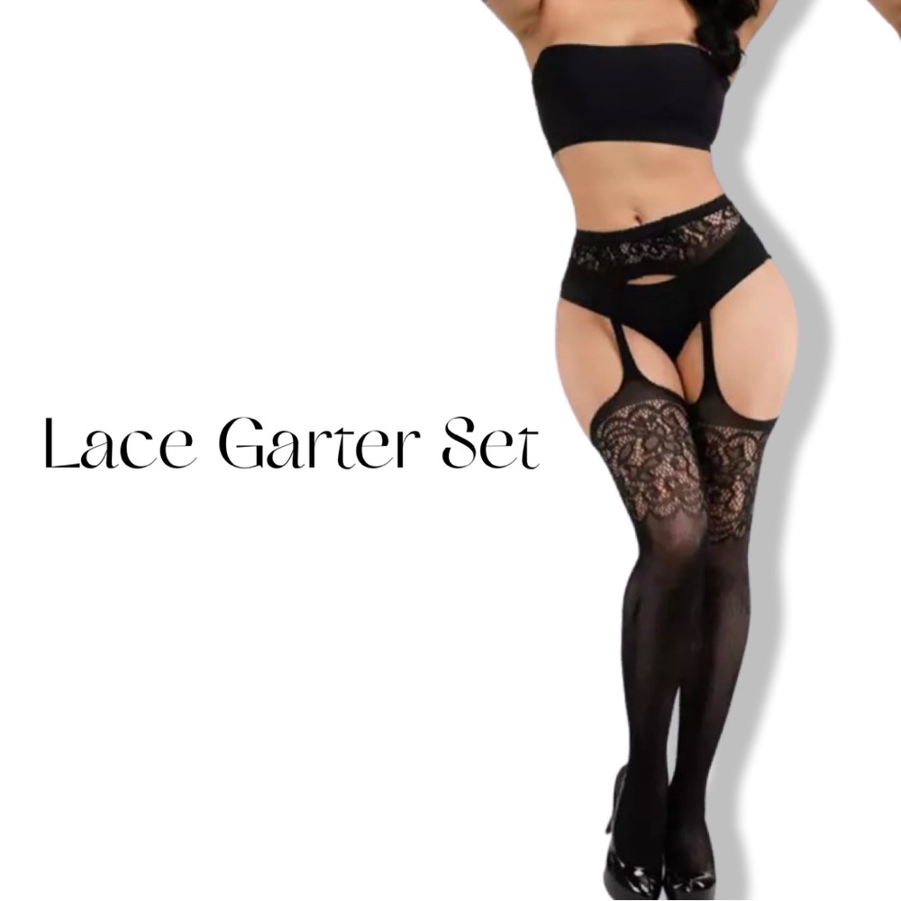 Woman's Black Sheer Lace Thigh High & Garter Set, Black Lace Thigh Highs